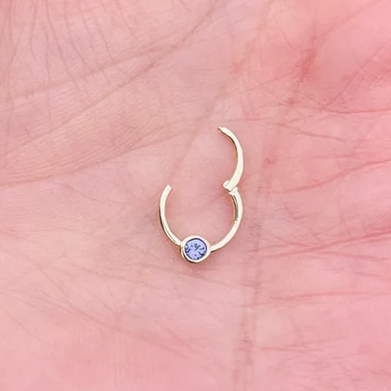 Single Lavender Sapphire Bazel Hinged Nose Ring Septum Clicker Daith Helix Conch Hoop 14k Gold