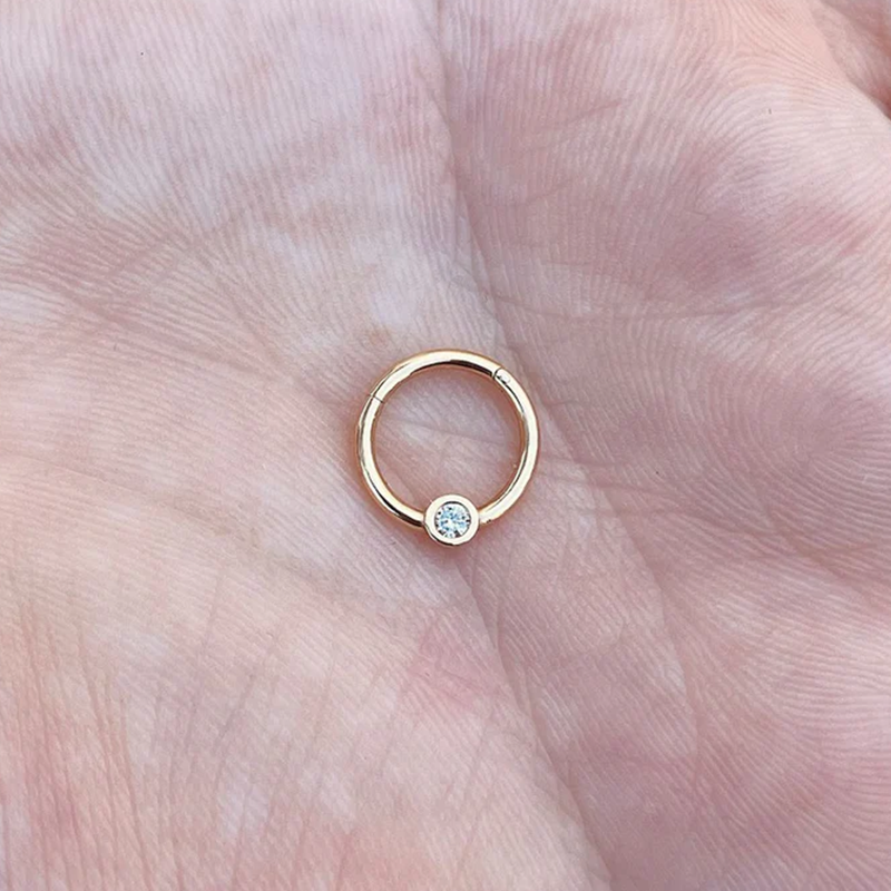 Single Natural Diamond In Bezel Hinged Nose Ring Septum Clicker Daith Conch Helix Seam Hoop 14k Solid Gold
