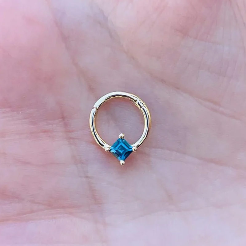 Square London Blue Topaz Hinged Nose Ring Septum Clicker Daith Helix Conch Rook Seam Hoop 14k Gold