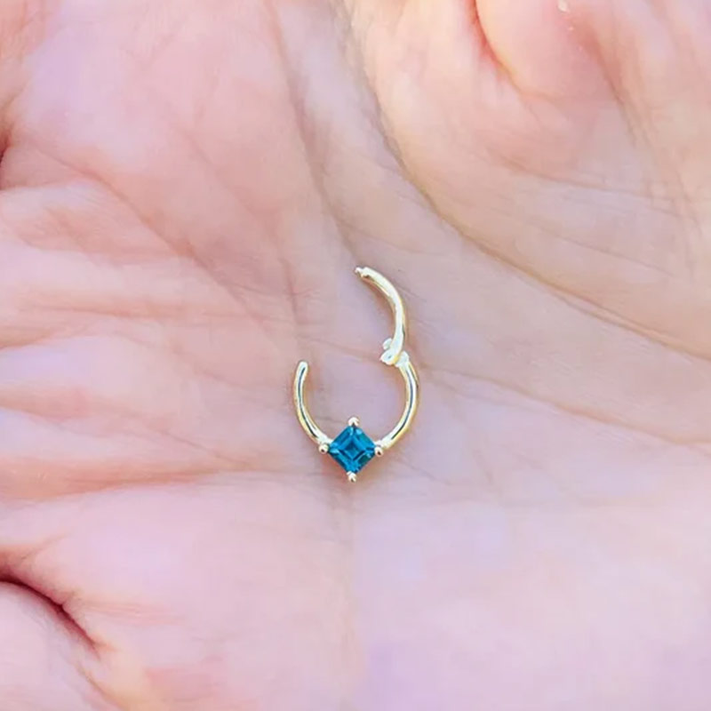 Square London Blue Topaz Hinged Nose Ring Septum Clicker Daith Helix Conch Rook Seam Hoop 14k Gold
