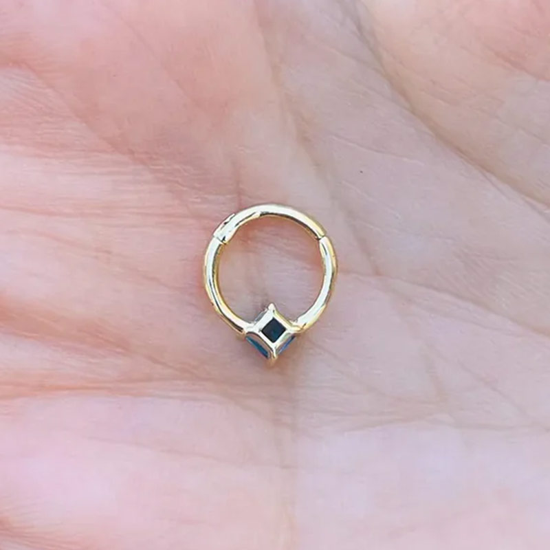 Square London Blue Topaz Hinged Nose Ring Septum Clicker Daith Helix Conch Rook Seam Hoop 14k Gold