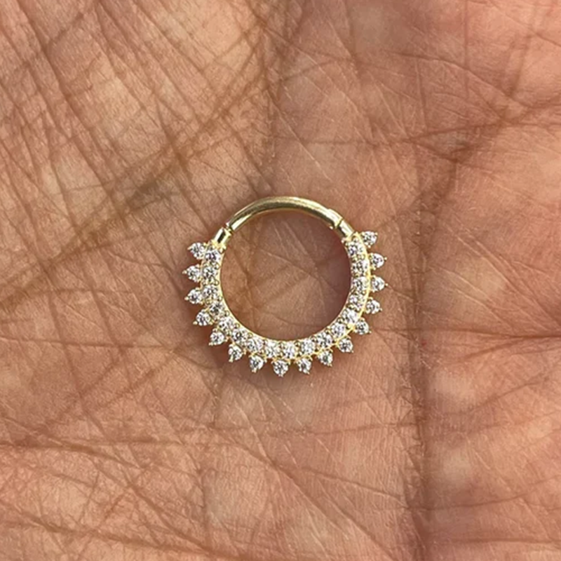 Tragus Septum Clicker Poercing Jewelry 2 Rows Of Natural Diamonds 14k Solid Gold