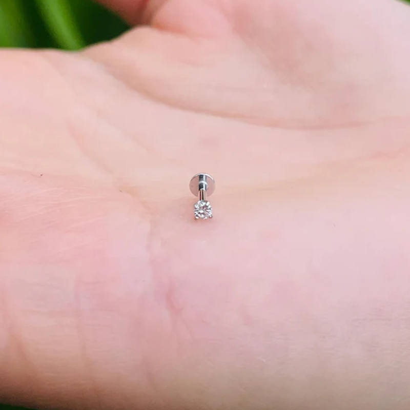 Treadles Push In Labret 16G Or 18G 3mm Genuine Natural Diamond 14K White Gold