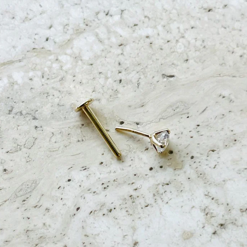 Treadles Push In Labret 3.5mm Genuine Natural Diamond 14K Solid Gold