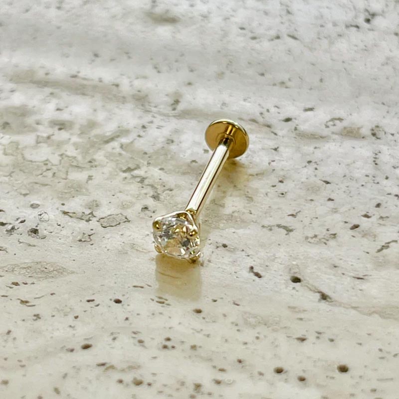 Treadles Push In Labret Helix Piercing 16G Or 18G 4mm Genuine Natural Diamond 14K Solid Gold