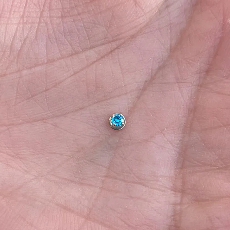 Treadless Push In Tragus Cartlige 16G Or 18G 3mm Genuine Aqua Sapphire 14K Yellow Solid Gold