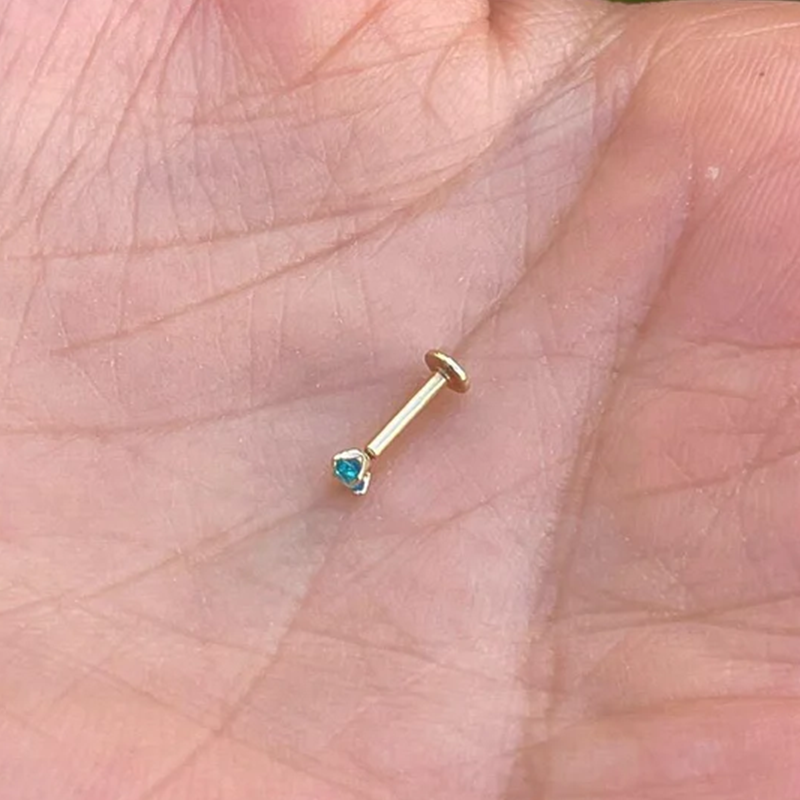 Treadless Push In Tragus Cartlige 16G Or 18G 3mm Genuine Aqua Sapphire 14K Yellow Solid Gold
