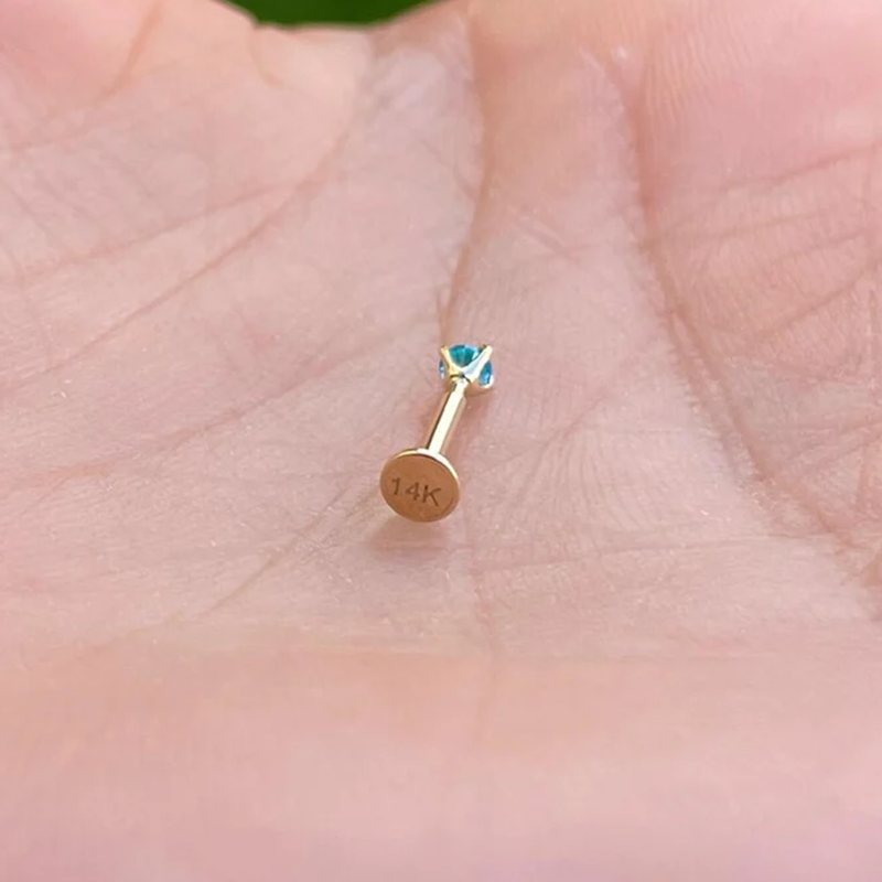 Treadless Push In Tragus Cartlige 16G Or 18G 3mm Genuine Aqua Sapphire 14K Yellow Solid Gold