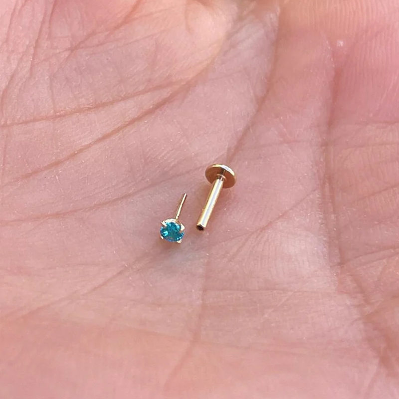 Treadless Push In Tragus Cartlige 16G Or 18G 3mm Genuine Aqua Sapphire 14K Yellow Solid Gold