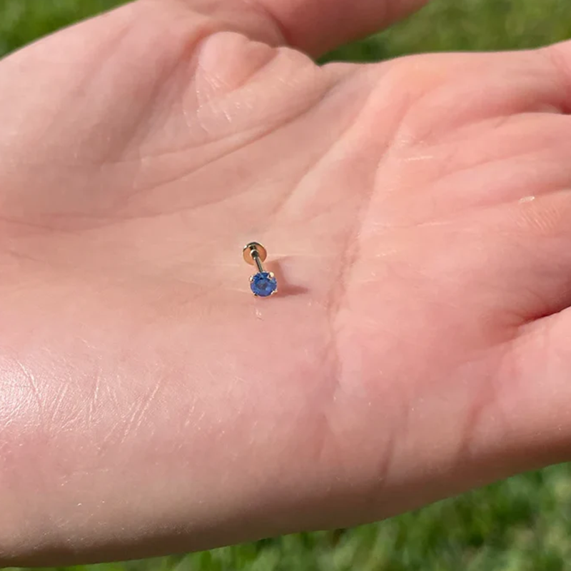 Treadles Push In Tragus Cartlidge 16G Or 18G 3mm Genuine Blue Sapphire 14K Yellow Solid Gold