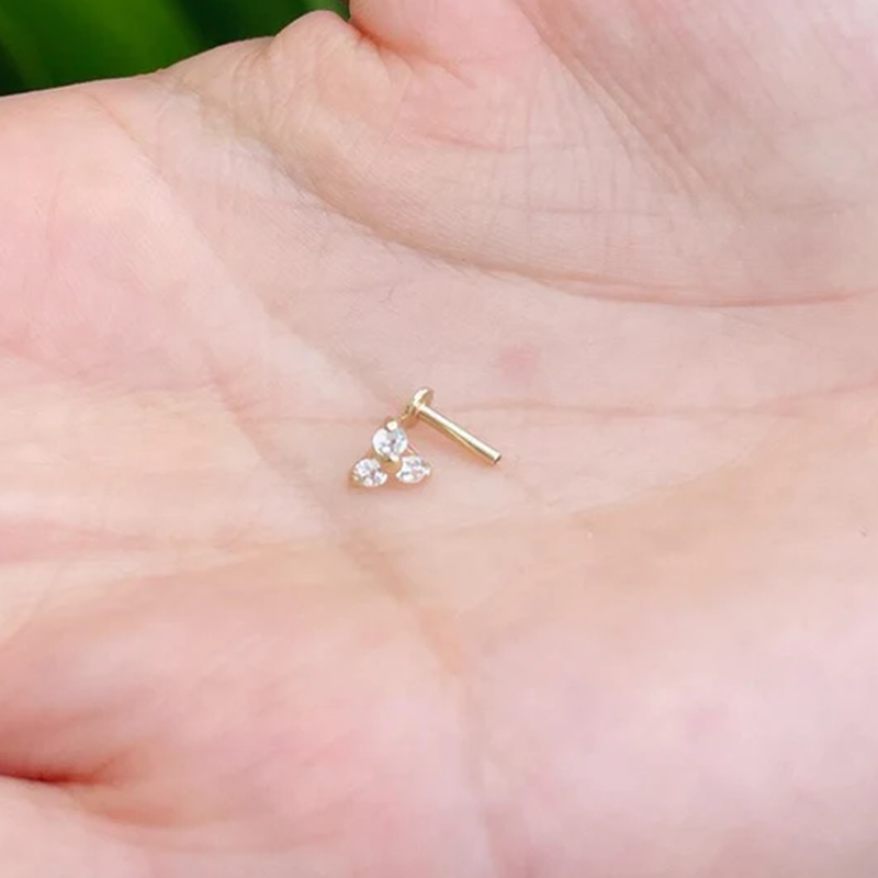 Trinity Push In Nose Stud Labret Ear Stud 16G Or 18G With 3 Natural Diamond 14K Solid Gold