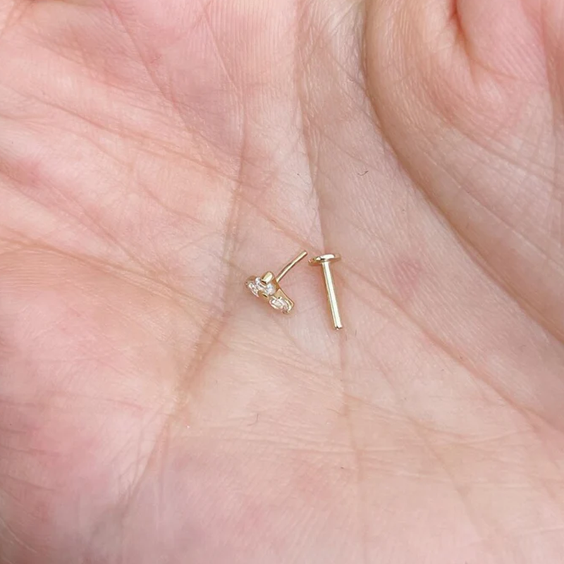 Trinity Push In Nose Stud Labret Ear Stud 16G Or 18G With 3 Natural Diamond 14K Solid Gold