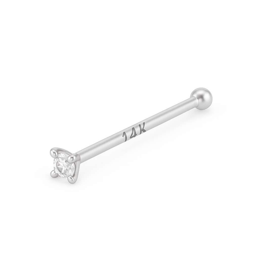 Close-up of 3mm round natural diamond in 14K white gold nose stud, luxury body jewelry