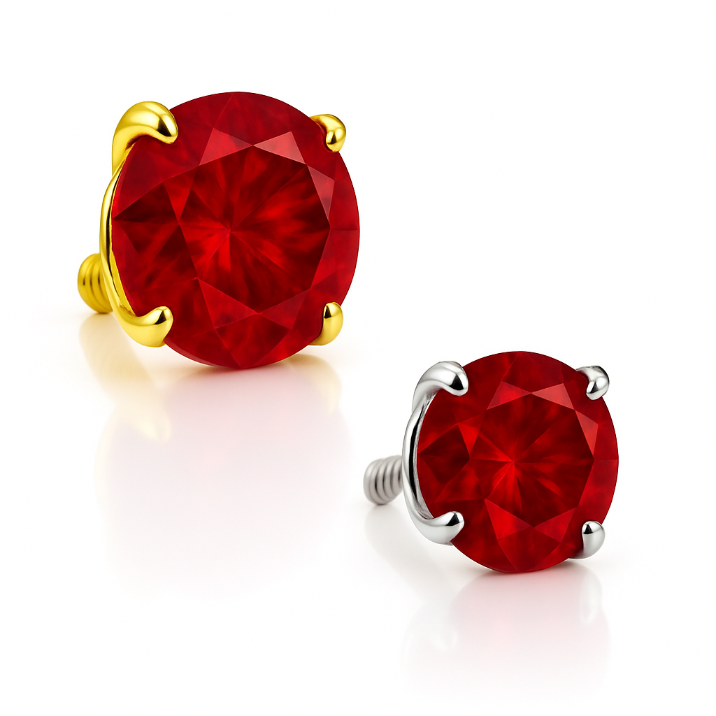14K solid gold dermal top with genuine red ruby gemstone, fine piercing jewelry