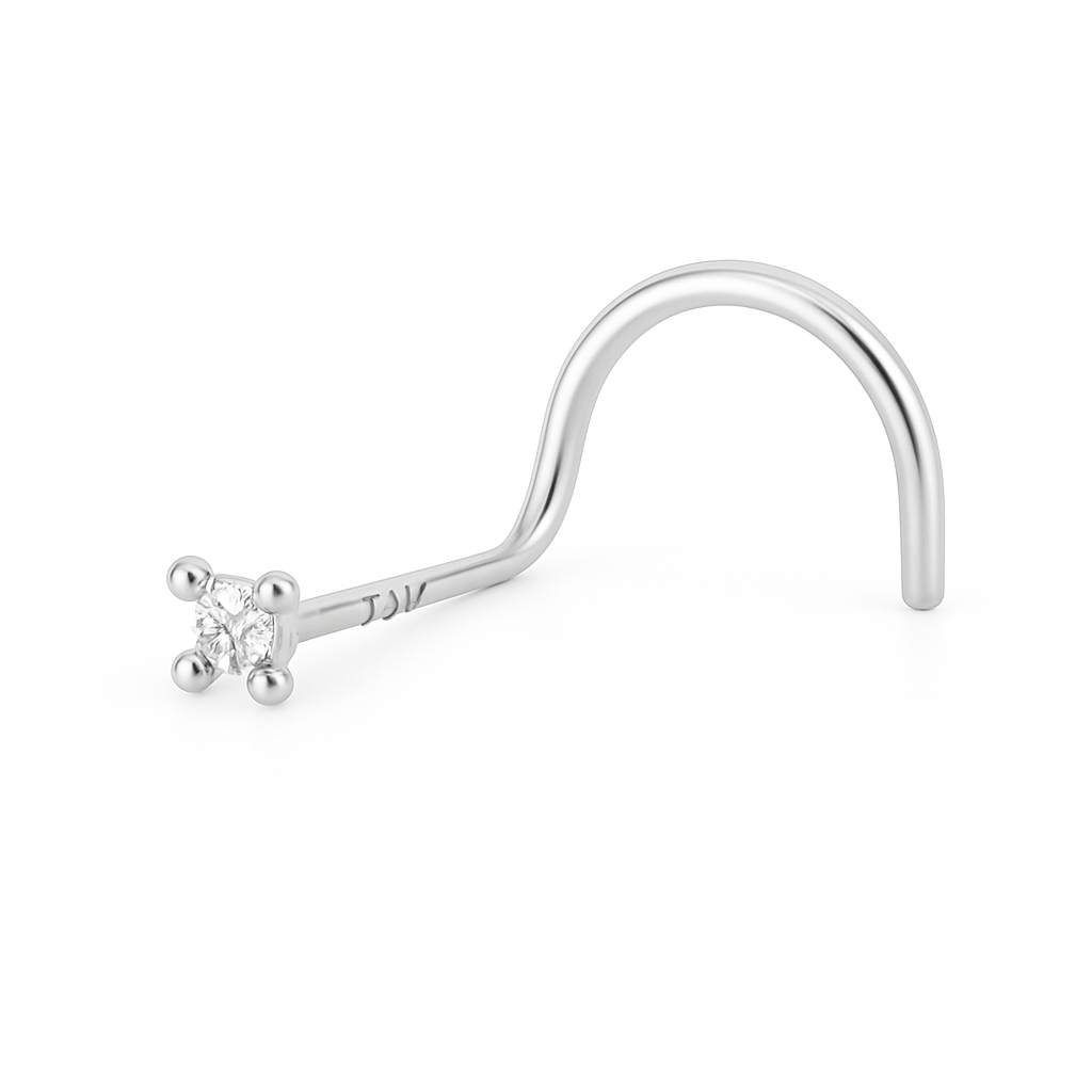 14K solid white gold nose ring screw 22g with round natural diamond, fine piercing jewelry