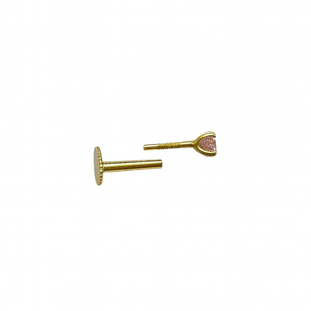 Internally Treaded Labret Monreo Stud 18g With 3mm Pink Sephaire 14K Solid Yellow Gold