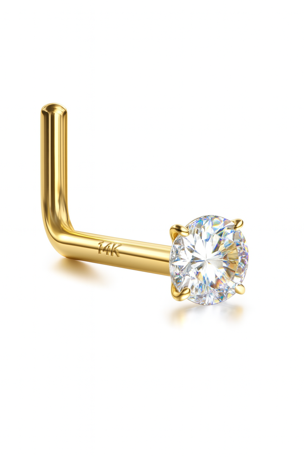 Nose Ring L Shape 20g With Cubic Zarconia Diamond 14K Solid Gold