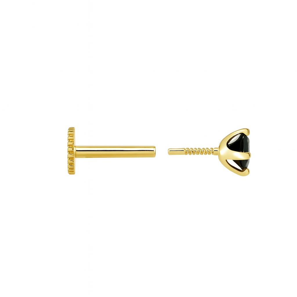 3mm Black Natural Diamond Internally Treaded Labret Ear Stud 18g With 14K Solid Yellow Gold