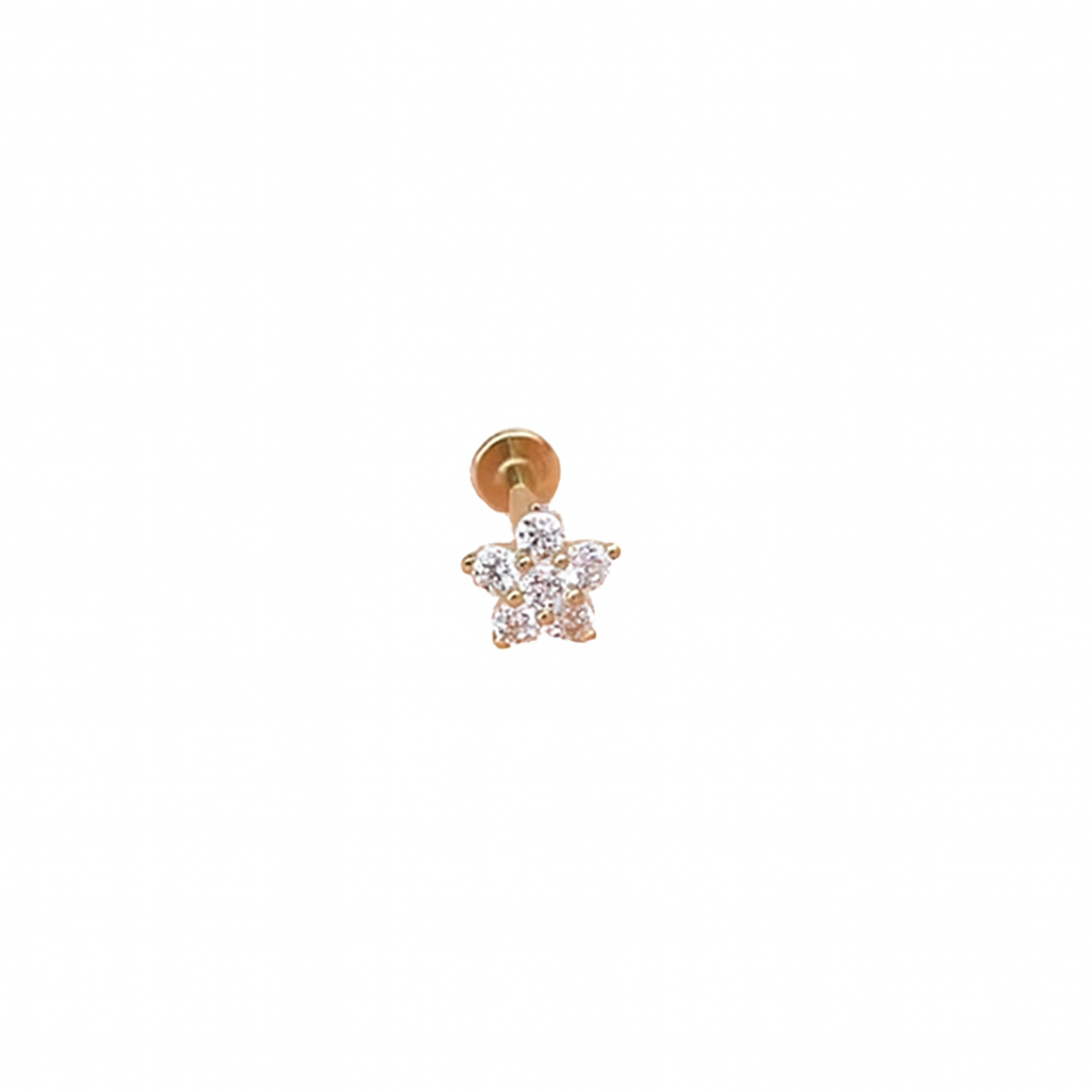 Flower Push In Tragus Labret Rook Helix Stud Genuine Diamonds 14K Yellow Gold