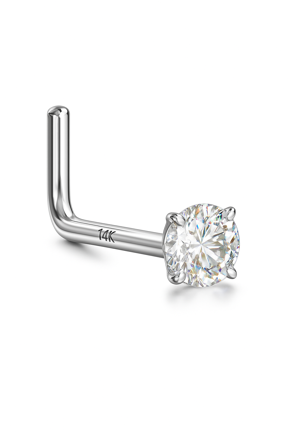 Nose Ring L Shape 20g With Cubic Zarconia Diamond 14K Solid Gold