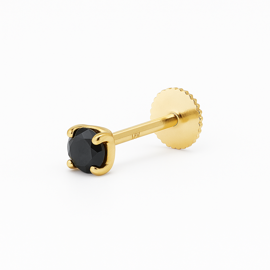 2mm Black Natural Diamond Internally Treaded Labret Tragus Ear Stud 18g With 14K Solid Gold
