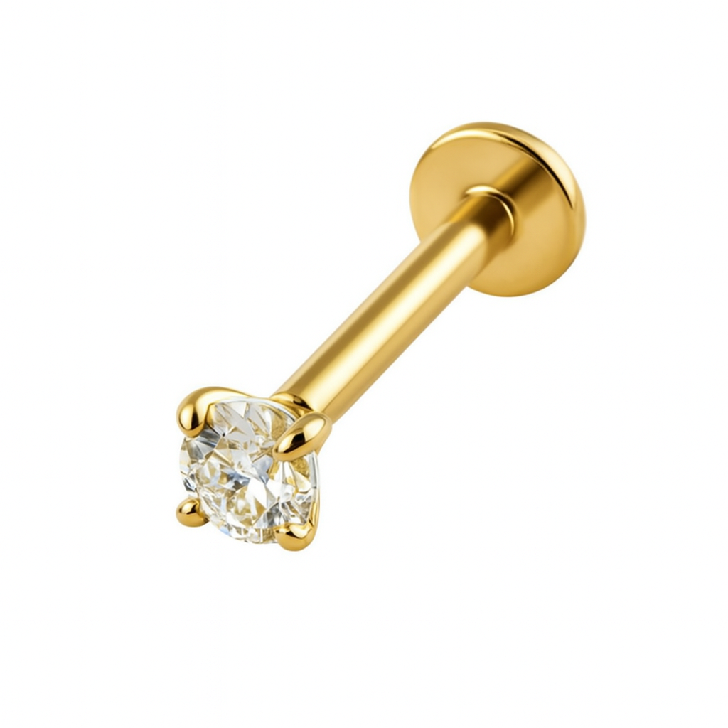 Internally Treaded Labret 18g With 3mm Natural Diamond 14K Solid Yellow Gold