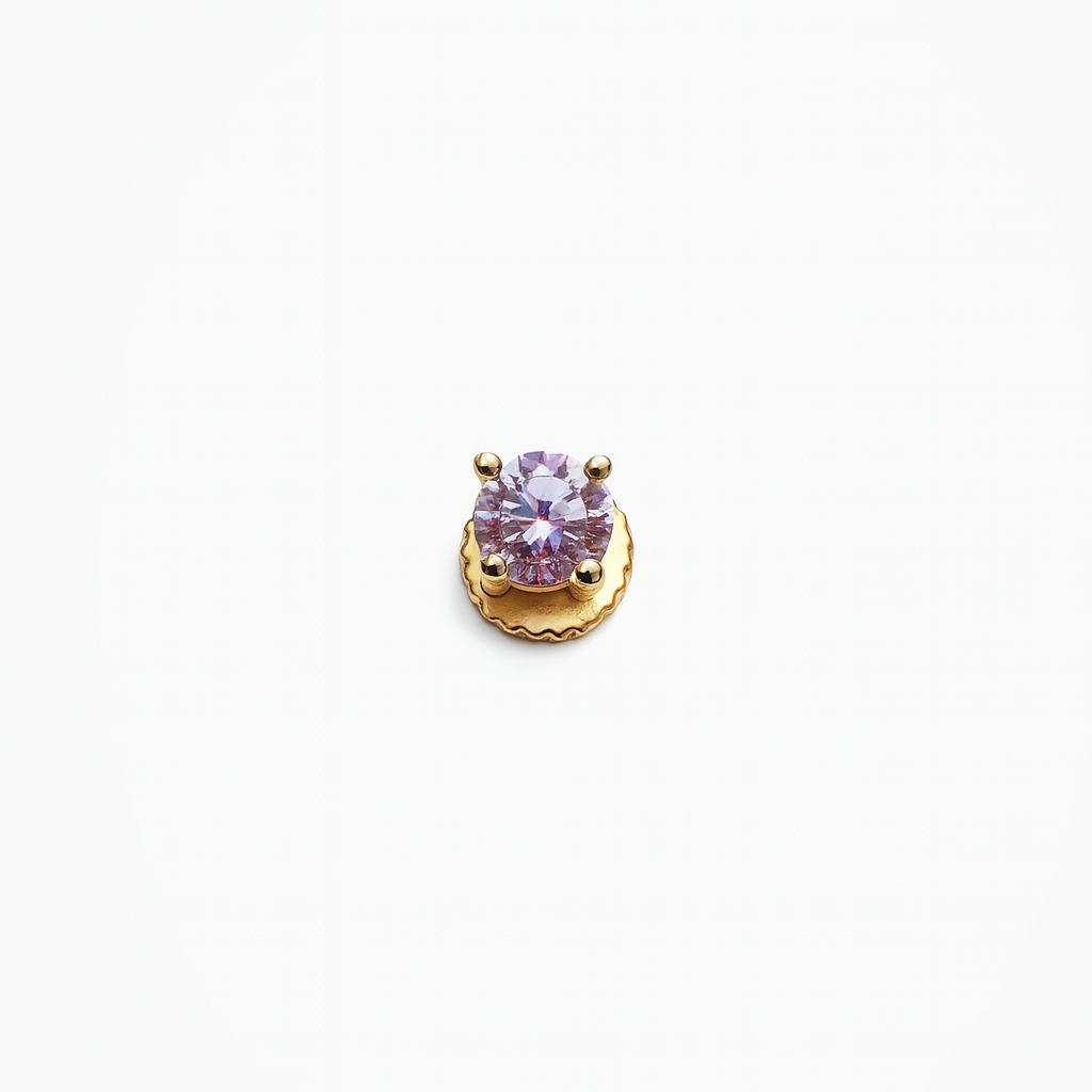 Internally Treaded Labret Monreo Stud 18g With 3mm Pink Sephaire 14K Solid Yellow Gold