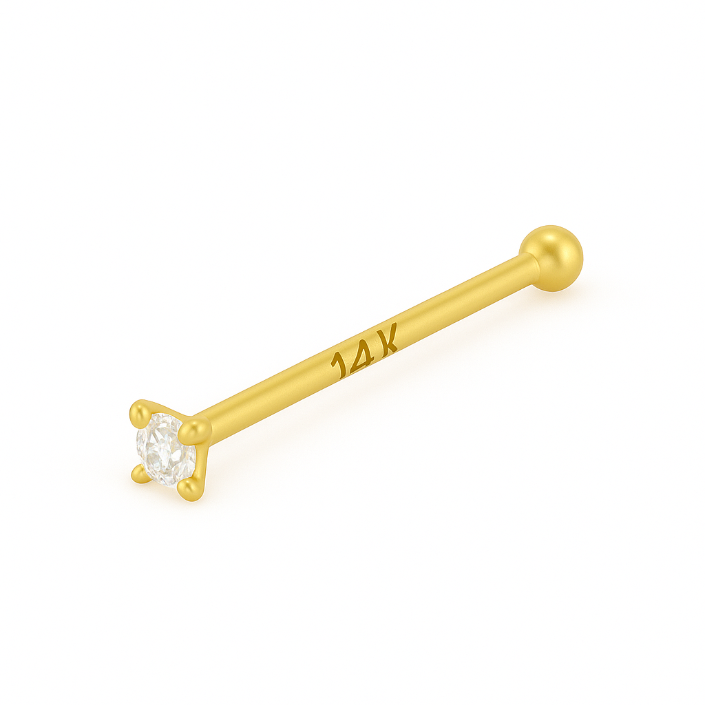 Front view of 14K yellow gold nose stud 20g with 3mm round natural diamond