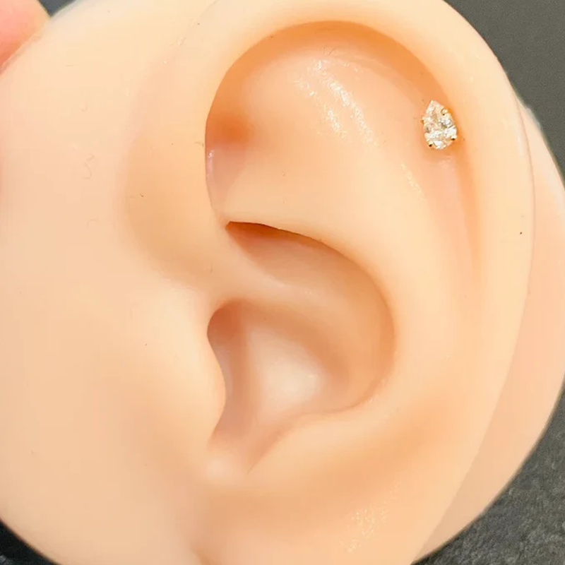 Pear Shape Push In Labret Rook Helix Stud 16G Or 18G Natural Diamond 14K Yellow Gold