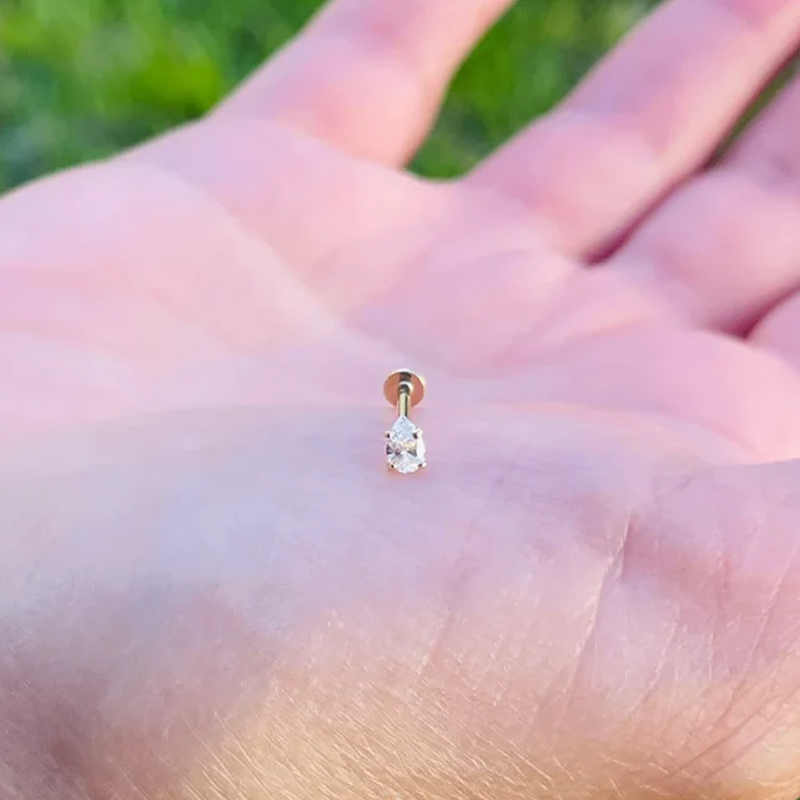 Pear Shape Push In Labret Rook Helix Stud 16G Or 18G Natural Diamond 14K Yellow Gold
